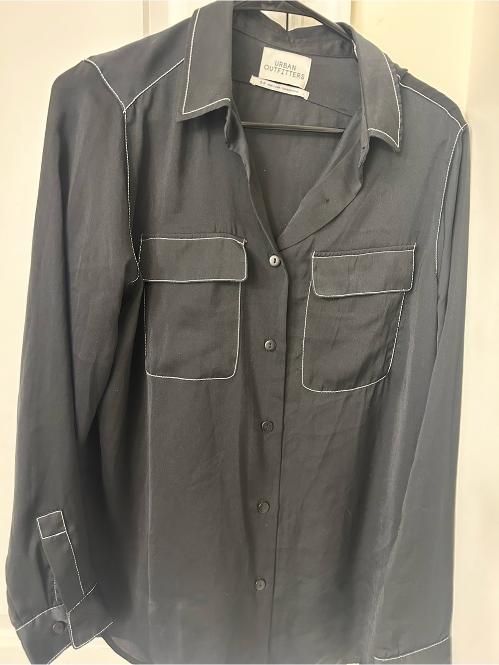 Urban Outfitters Black Button-Up Shirt with White Stitching Detail. S-P